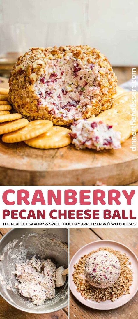 Cranberry Pecan Cheese Ball is a great snack for a holiday party. Serve the soft creamy, savory, and sweet cheeseball with crackers to share! Easy Cranberry Cheese Ball, Cheese Ball With Cranberries And Pecans, Cheese Ball Cranberry Pecan, Pink Cheese Ball, Christmas Cheese Balls Recipe, Dip Ball Recipe, Cheese Ball With Cranberries, Thanksgiving Appetizers Cheeseball, Sweet Cheeseball Recipes Desserts