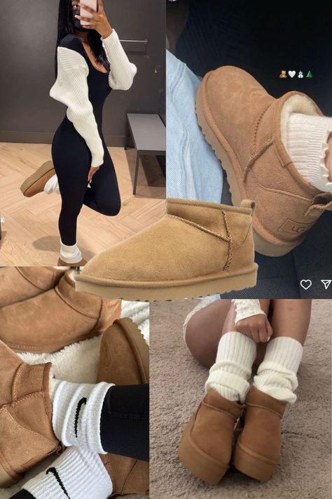 Uggs With Nike Socks, Cute Ugh Outfits, Cute Socks With Uggs, Ugg Socks With Boots, Socks To Wear With Uggs, Shoes Winter 2024 2025, Ugg Chukka Boots Outfit, Ugh Outfits Boots, Cute Outfit With Uggs