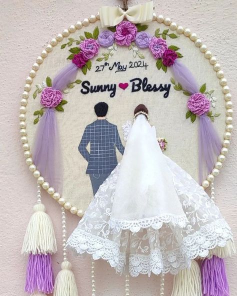 🤍💜 Customized handmade wedding hoop 💖🥳 . . Available in 12 inches ✨🤍 Dm us for order 🎁 . . .#embroideryhoop #weddinghoops #hoopartembroidery Embroidery Calendar, Wedding Embroidery Hoop, Bengali Poems, Hoop Art Embroidery, Wedding Hoop, Aari Designs, Wedding Embroidery, Hoop Embroidery, Cross Stitch Rose