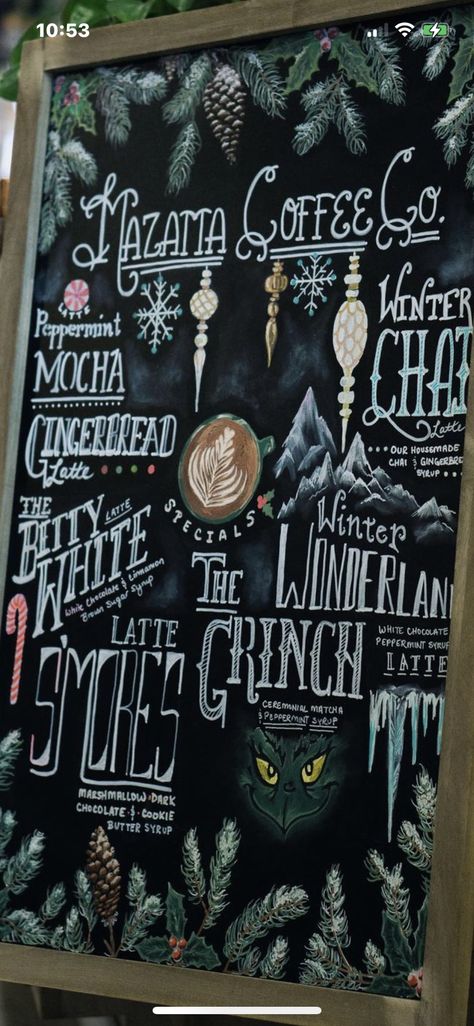 Hot Chocolate Chalkboard Art, Chocolate Chalkboard Art, Christmas Coffee Chalkboard Art, Starbucks Christmas Board Ideas, Chalkboard Art Winter, Chalkboard Art Coffee, Cafe Chalkboard Art, Christmas Coffee Shop Chalkboard, Coffee Chalkboard Art