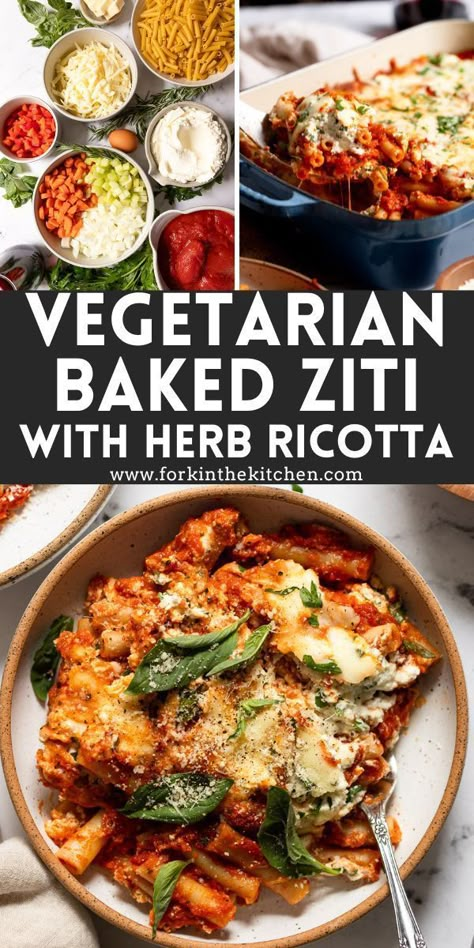 Discover the ultimate comfort food with our Vegetarian Baked Ziti – a symphony of flavors with so many fresh herbs paired with creamy ricotta, topped with hearty pasta and zesty marinara. Dive into a world of deliciousness that's both satisfying and meat-free! Baked Ziti Vegetarian, Vegetarian Baked Ziti, Best Baked Ziti Recipe, Baked Ziti With Ricotta, Pescatarian Meals, Traditional Thanksgiving Recipes, Marinara Recipe, Ziti Recipes, Meatless Meal