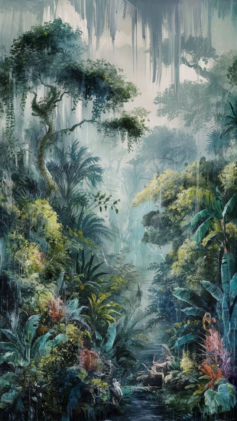 Immerse yourself in a vibrant rainforest wallpaper that captures the essence of tropical wilderness. Bursting with vivid greens, deep blues, and colorful flora, this artwork embodies Impressionism and Surrealism. Experience the play of light, towering trees, and exotic wildlife in an enchanting ecosystem. Perfect for nature lovers, this textured piece invites energy and movement into your space. #RainforestWallpaper #TropicalArt #NatureDecor Tropical Rainforest Wallpaper, Rainforest Painting, Rainforest Wallpaper, Rainforest Leaves, Black Ground, Leaves Art, Forest Wallpaper, Canvas Abstract, Tropical Rainforest