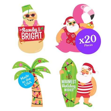 PRICES MAY VARY. Tropical Christmas DIY Party Essential Kit INCLUDES 20 large Tropical Christmas character shaped cut outs - Great for bringing all your DIY Beach Santa Holiday party ideas to life! DIY CHRISTMAS PARTY SUPPLIES: Tropical Christmas essentials include 20 large cut outs in four different Hawaiian Holiday shapes that coordinate with the Tropical Christmas theme. Set of Christmas character shapes SIZE: 5 - Sand Snowman shapes (4" x 7"), 5 - Santa with Surf Board shapes (5.5" x 7"), 5 Hawaiian Christmas Tree Ideas, Christmas In July Bulletin Board, Hawaiian Christmas Ornaments, Hawaiian Christmas Party, Tropical Christmas Party, Snowman Shapes, Luau Christmas, Christmas Luau, Hawaiian Christmas Tree