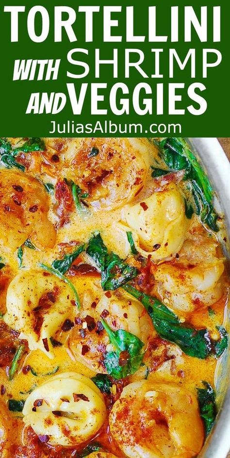 Tortellini With Shrimp, Shrimp And Spinach Recipes, Mozzarella Cheese Sauce, Shrimp And Veggies, Cheese Tortellini Recipes, Meatless Pasta, Pasta Shrimp, Risotto Dishes, Pasta Salad With Tortellini