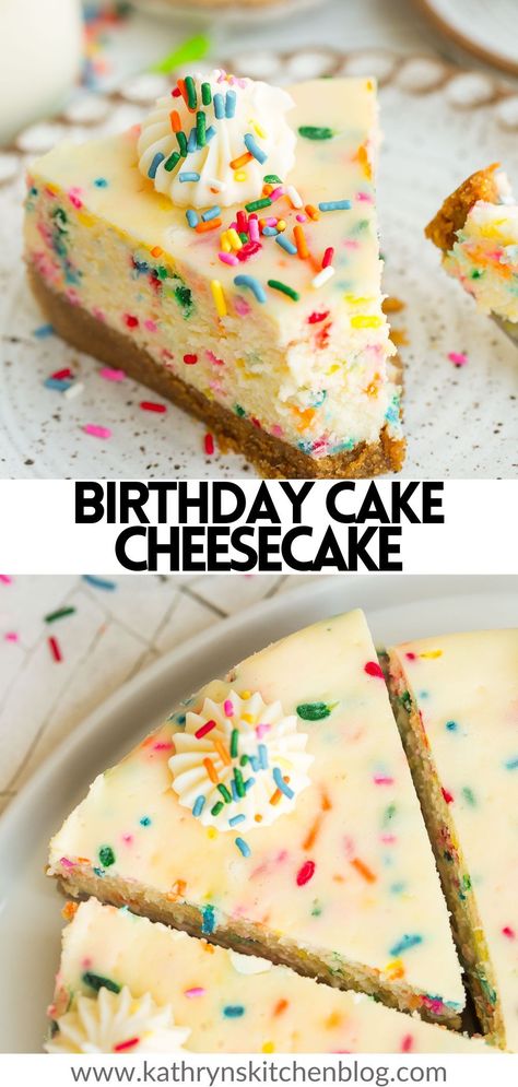 This Birthday Cake Cheesecake recipe is fun, festive, and filled with a birthday cake flavor! Made with creamy cheesecake filling, graham cracker crust, and lots of rainbow sprinkles! Birthday Cake Cheesecake, Easy Birthday Cake, Funfetti Cheesecake, Birthday Cheesecake, Birthday Cake Flavors, Cake Cheesecake, Easy Birthday, Birthday Desserts, Simple Birthday Cake