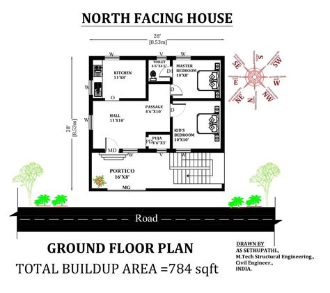 28'X28' North facing 2bhk Vastu house plan.Download Free Autocad DWG and PDF file. - Cadbull 28 X 28 Floor Plans, 28×30 House Plan, 28x28 House Floor Plans, North Facing House Plans India Vastu, 1200 Sq Ft House, 1 Story House, North Facing House, 20x40 House Plans, Vastu House