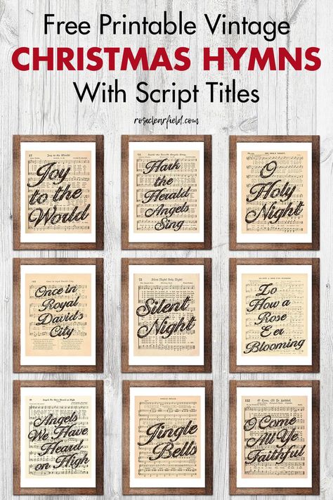 A collection of 16 FREE printable vintage Christmas hymns with script titles! Popular Christmas songs to create beautiful holiday decor on any budget. Silent Night, Jingle Bells, O Holy Night, Joy to the World, O Come All Ye Faithful, and much more. #freeprintables #Christmasprintables #Christmassongs #holidaydecor Free Christmas Printables Vintage, Free Christmas Music, Christmas Hymns, Printable Hymns, O Come All Ye Faithful, Popular Christmas Songs, Sheet Music Crafts, Hymn Sheet Music, Christ Centered Christmas