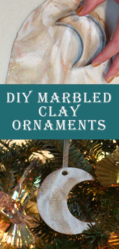 How to Make DIY Marbled Clay Ornaments | DIY Polymer Clay Ornaments in Moon and Star Shapes Clay Ornaments Diy, Marble Ornaments, Aqua Christmas, Diy Moon, Diy Polymer Clay, Diy Star, Marbled Clay, Diy Christmas Ornament, Polymer Clay Ornaments