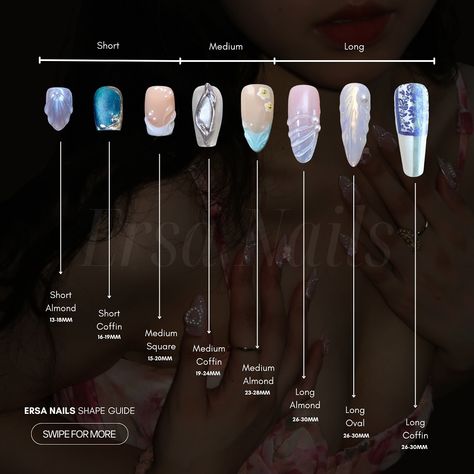 Which shape girlie are you? 👀💕 Still struggling to find your shape? We got you!!!🌸🥺Check out Ersa Nails shape guide to find your perfect shape 🥰 Psst, if you like a certain design but would like to change the nail shape or length💕? We can do that with our customization request! 🥰Just DM or email us to make it happen🤩 Shop now on ersanails.com #pressonnails #pressons #nailshapes #nailsshape Nail Sizing Guide, Nails Shape Chart, Nail Shape Guide, Nail Shapes Chart, Nail Size Chart, Nail Shape Chart, Types Of Nails Shapes, Fur Nails, Nail Shaping