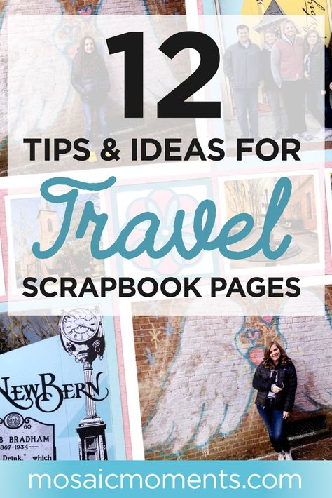 12 Tips & Ideas for Travel Scrapbook Pages - Mosaic Moments Travel Scrapbook Layouts Ideas, Travel Scrapbook Pages Ideas Photo Layouts, Scrapbook Map Ideas, Travel Scrapbooking Ideas Layout Simple, Scrapbook Ideas For Vacations, Scrapbook Ideas For Holidays, Scrapbook Book Pages, Cathedral Scrapbook Layout, Travel Scrapbook Pages Photo Layouts