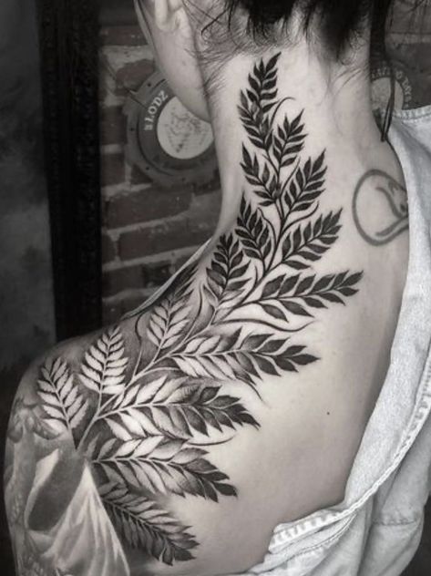 Tree Throat Tattoo, Fern Leaf Tattoo Shoulder, Fern Tattoo On Back, Back Of Neck And Shoulder Tattoo, Woman’s Hip Tattoo, Blackwork Plant Tattoo, Fern Neck Tattoo, Fern Sleeve Tattoo, Curved Tattoo Design