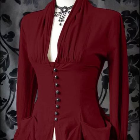 New Ruched Medieval Steampunk Very Lightweight Material Long Sleeved Top Dark Cranberry Red Also Have A Gorgeous Blue. Never Ever Worn But Was Sold In Plastic Sack, Without Tag Attached. Their 3x Is A 1x Or Even Xl. So Please See Chart. This Is Not The 3x It Says On Tagit’s Asian 3x, Us 2 Sizes Smaller. Red Gothic Fashion, Chuuya Outfit, Gory Fangtell, Red Goth Outfits, Scarlet Eyes, Pagan Style, Dark Red Blouse, Corp Goth, Medieval Steampunk