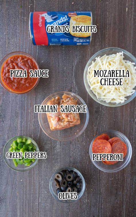 Labeled ingredients for bubble up pizza casserole. Bubble Pizza Recipe Biscuits Pillsbury, Bubble Pizza Casserole, Homemade Pizza With Biscuits, Pizza Bubble Up, Bubble Pizza Recipe Biscuits, Bubble Up Pizza Casserole, Bubble Up Pizza Bake, Pizza With Biscuits, Pizza Bubble Bake