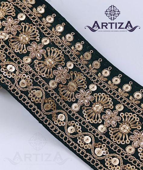 "Elevate your creations with Artiza's exquisite embroidery design laces. Each thread weaves a story of intricate beauty and craftsmanship. Enhance your projects with our unique lace designs, adding a touch of elegance to your creations. Explore endless possibilities with Artiza. DM us to get a look😊 WhatsApp me on - 9619420351 We ship Worldwide. Embroidery Lace Design, Dori Embroidery, Saree Embroidery Design, India Dress, Lace Designs, Couture Embroidery, Border Embroidery Designs, Border Embroidery, Saree Border