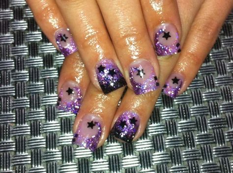 Fancy Swirls  Stars, Purple  Black acrylic nail art Nail Art 2000s, Purple Y2k Nails, Scene Nails, Lace Nail Art, Black Tips, Black Acrylic Nails, Art Pretty, Romantic Nails, Duck Nails