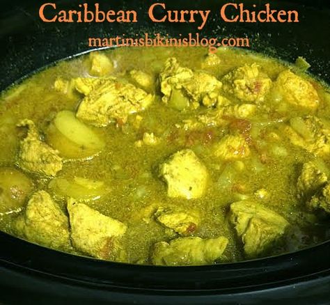 I've been making Curry Chicken for years now but this was my first time using a slow cooker and I have to say it came out fantastic. K even... Caribbean Curry Chicken, Martinis And Bikinis, Chicken In Slow Cooker, Caribbean Curry, Jamaican Curry Chicken, Jamaican Curry, Jamaican Dishes, Paleo Crockpot, Curry Dishes