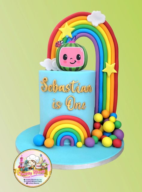 Rainbow and cocomelon Birthday cake Cocomelon Rainbow Cake, Kue Cocomelon, Cake Cocomelon, Cocomelon Birthday Cake, Rainbow Cake Decoration, Fondant Rainbow, Rainbow Baking, Rainbow Cake Recipe, Cocomelon Theme