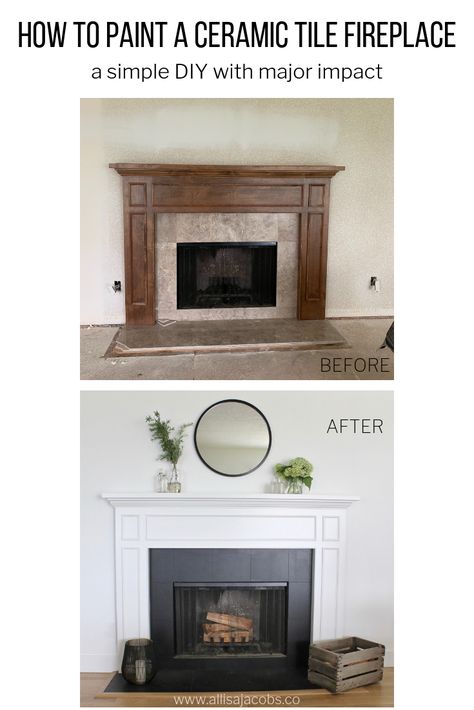 tile fireplace make over Ceramic Tile Fireplace, Paint Fireplace Tile, Painted Fireplace Mantels, Tile Around Fireplace, Fireplace Redo, Diy Fireplace Makeover, Fireplace Update, Tile Fireplace, Fireplace Tile Surround