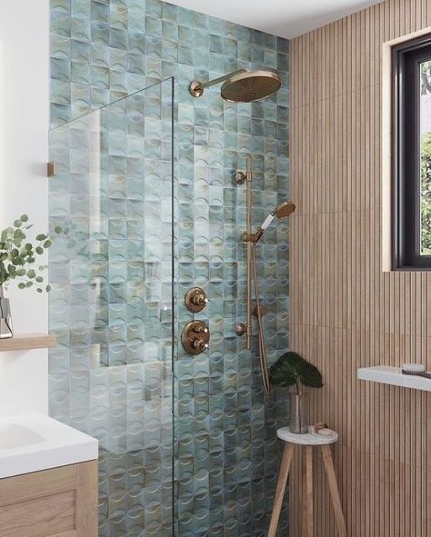 Shower Floor And Wall Tile Combos, Bathroom Forest Theme, Teal Shower Tile, Green And Wood Bathroom, Shower Feature Wall, Forest Bathroom, Blue Shower Tile, Bathroom 2024, Brass Faucets