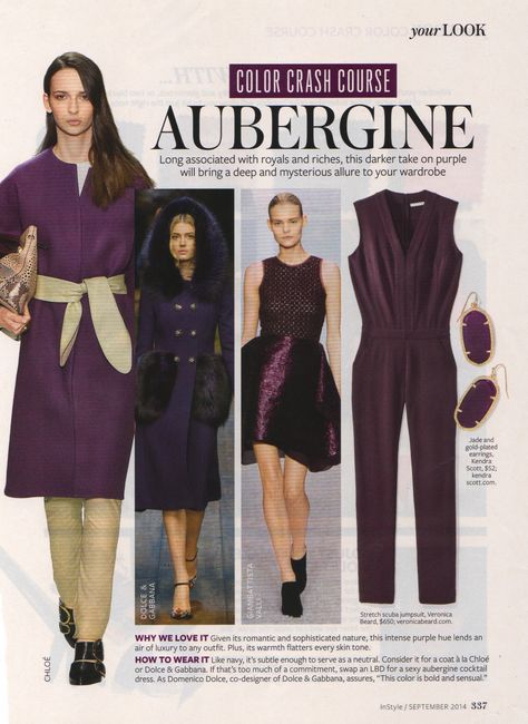 Aubergine! I just love this color. Color Crash Course, Instyle Color Crash Course, Aubergine Dress, Capsule Wardrobe Women, Colorful Wardrobe, Classic Workwear, Colour Combinations Fashion, Color Combinations For Clothes, Deep Autumn