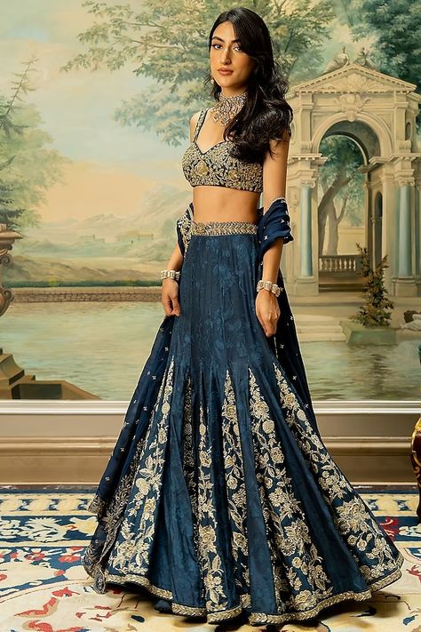 Navy Blue Russian Jacquard Embroidered Kalidar Lehenga Set Design by Paulmi & Harsh at Pernia's Pop Up Shop 2024 Kalidar Lehenga, Indian Fashion Designers, Pernia Pop Up Shop, Pop Up Shop, Set Design, Indian Fashion, Lehenga, Fashion Designer, Desi