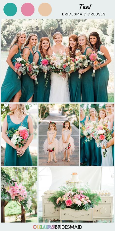 Teal Wedding Dresses Bridesmaid, Teal And Blush Pink Wedding, Teal And Light Pink Wedding, Teal Blue And Pink Wedding, Bridesmaid Dresses Color Ideas, Teal And Pink Wedding Colors, Pink And Teal Wedding Theme, Wedding Arch Sweetheart Table, Spring Wedding Bouquets Pink