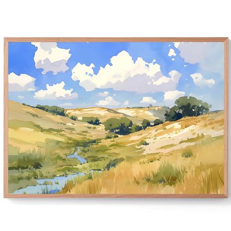 Sand Hills Art Print Nebraska Watercolor Painting Panoramic Landscape Wall Art Wild Grasses Artwork Blue Green Yellow Poster Landscape Prints Art, Sandhills Nebraska, Panoramic Painting, Yellow Poster, Panoramic Landscape, Colorful Landscape Paintings, Wild Grasses, Landscape Art Prints, Bright Paintings