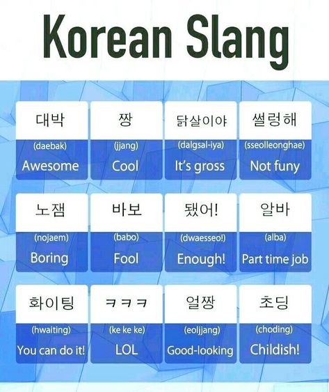 Basic Phrases In Korean, Random Words In Korean, Really In Korean, Everyday Korean Phrases, Simple Words In Korean, Korean Slang Phrases, Korean Alphabet Hangul Practice, Korean Slang Words, Basic Words In Korean