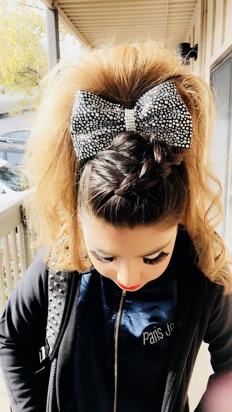 Cheer Hair Love the side braid. Cheer Competition Hair Braids, Cheer Comp Hairstyles With Bows, Cheerleading Updos Cheer Hair, Cheer Hairstyles Competition, Cheer Competition Hairstyles With Bows, Cheerleader Hairstyles With Bows Cheer Hair High Ponytails, Cheer Hair High Ponytail, Comp Cheer Hair, Cheerleader Hair Styles