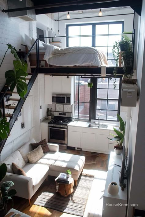 Loft Bedroom Decor, Small Flat Interior, New York Studio Apartment, Flat Interior Design, Mini Apartments, Tiny House Loft, Tiny Apartments, Minimalist Apartment, Sleeping Loft