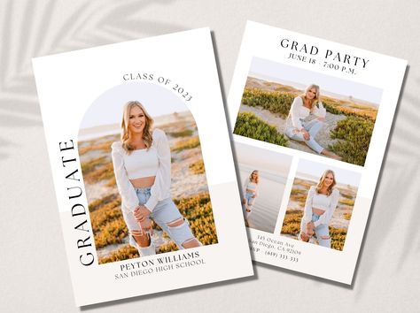 "This graduation announcement is a digital template that is easy to customize. If you are graduating in 2023, this grad invitation is for you!  Everything in this graduation invite template can be customized in Canva. The fonts, colors, and text can be deleted or added. You will need to add your own photos to the template. Photos are not included with the template. You can easily print this grad card straight from Canva, your home printer, or the print shop of your choice.  Includes....  - 5x7in Grad Open House Invites, High School Grad Invitation Ideas, Grad Card Invites, Grad Announcement Cards, 2024 Graduation Announcements, Simple Graduation Announcements, Grad Invite Ideas Invitation Templates, Grad Party Cards, Grad Announcement Ideas