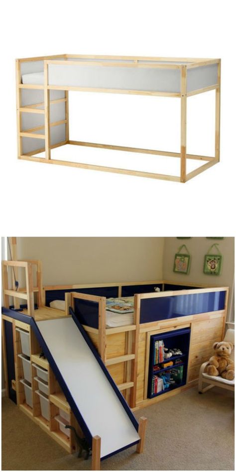 The Kura bed looks even cooler with a DIY slide, made possible with this fun IKEA hack. Kura Bed Hack, Ikea Hack Kids, Cama Ikea, Diy Slides, Ikea Kura Bed, Small Kids Room, Kura Bed, Ikea Kura, Ikea Kids