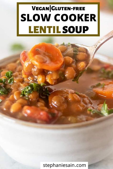 Warm Comfort Food, Vegetarian Slow Cooker, Slow Cooker Lentil Soup, Chopped Kale, Slow Cooker Lentils, Vegan Lentil Soup, Slow Cooker Vegetarian, Lentil Soup Recipes, Red Lentil Soup