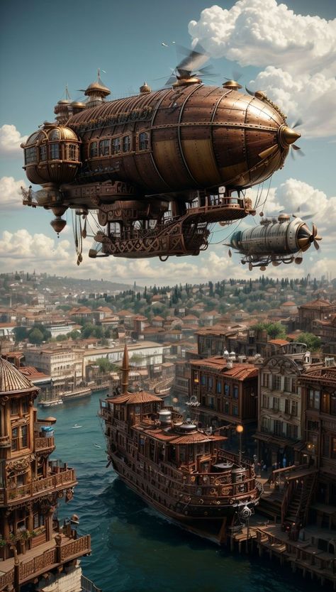 Ville Steampunk, Steampunk Illustration, Steampunk Vehicle, Steampunk City, Steampunk Artwork, Steampunk Airship, Steampunk Aesthetic, Art Steampunk, Arte Cyberpunk