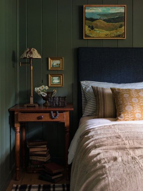 Rustic Cabin Home Bedroom Olive Green Bedrooms, Best Bedroom Colors, Green Walls, Bar Sink, Brass Faucet, Bedroom Paint Colors, Style Deco, Green Rooms, Bedroom Green