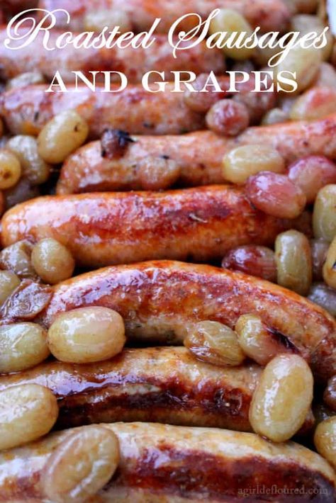 Enjoy succulent Roasted Sausages and Grapes in fall when grapes are in season. Wonderful served with bread & cheese or over creamy polenta or mashed potatoes. Greek Yogurt Chicken Salad, Yogurt Chicken Salad, Greek Yogurt Chicken, Italian Sausage Recipes, Grape Recipes, Fall Comfort Food, Sausage Recipes, Oven Roast, Sausages