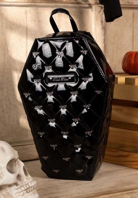 Bat Studded Quilted Faux Patent Coffin Black Backpack | Halloween Bags & Backpacks Coffin Backpack, Gothic Bags, Goth Bag, Kiss Costume, Troll Costume, Random Products, Fanny Pack Purse, Gothic Bag