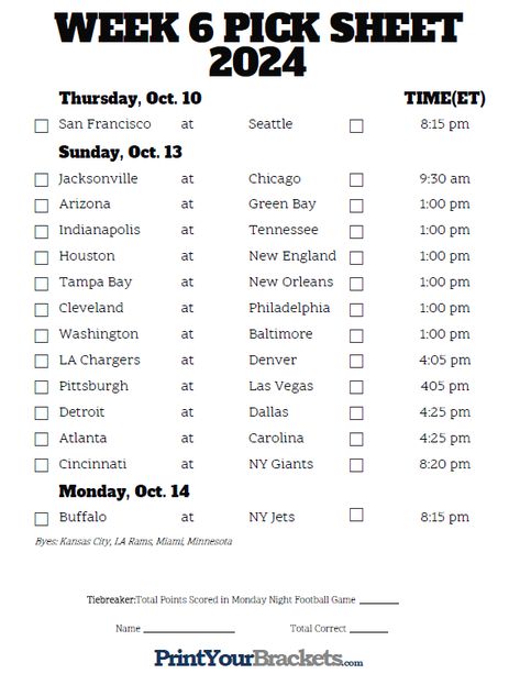 Printable NFL Week 6 Schedule Pick em Pool 2024 Nfl Weekly Picks, Football Pool, Office Pool, Football Team Names, Football Pics, Ny Jets, La Rams, Ny Giants, Football Pictures