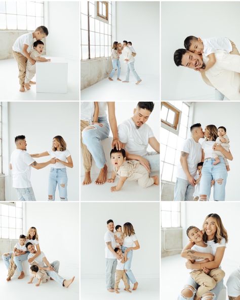 Fam Photo Outfits, Studio Family Photos White Background, Studio Session Family Photos, White And Denim Family Pictures Studio, Photo Studio Pictures, Family Jean Photo Shoot, Mommy And Me Photo Shoot White Shirt And Jeans, White Wall Family Photo Shoot, White Backdrop Studio Family Photoshoot