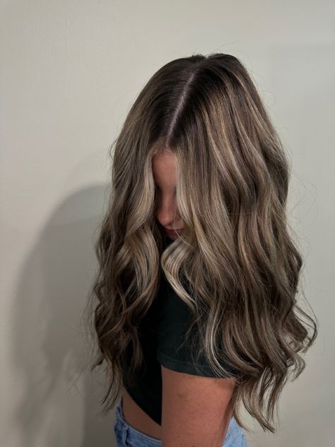 Brunette Hair Ashy Highlights, Dusty Blonde Highlights On Brown Hair, Brown Hair With Babylights Straight, Popular Highlights For Brown Hair, Brown Hair Ash Blonde Balayage, Creamy Highlights Brown Hair, Bolyoge Brown Hair, Dusty Brown Hair With Blonde Highlights, Greyish Hair Color