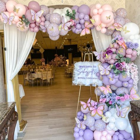 Butterfly Themed Debut Party, Butterfly Garden Party Ideas, Butterfly Theme Debut, Bridal Balloons, Woodland Fairy Birthday Party, 15th Birthday Decorations, Baptism Decorations Girl, Butterfly Birthday Party Decorations, Butterfly Themed Birthday Party