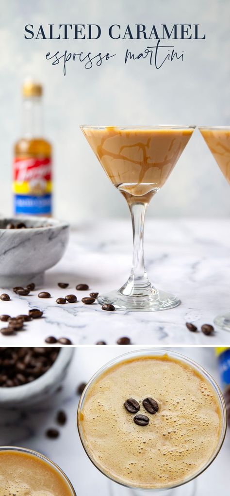 Made with only a handful of ingredients in five minutes, this festive salted caramel espresso martini is the perfect cocktail for any coffee-lover! Different Espresso Martini, Festive Espresso Martini, Espresso Martini Flavors, Spooky Espresso Martini, Caramel Espresso Martini, Flavored Espresso Martini, Coconut Espresso Martini, Espresso Martini With Kahlua, Espresso Martini Flight