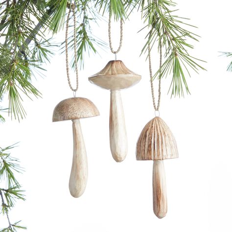 Carved Wood Mushroom Ornaments Set Of 3 - World Market Mushroom Ornaments, Carved Ornaments, Woodland Christmas Tree, Woodland Ornaments, Christmas Forest, Hairstyles For Women Over 50, Woodland Christmas, Craft Day, Wooden Christmas Ornaments