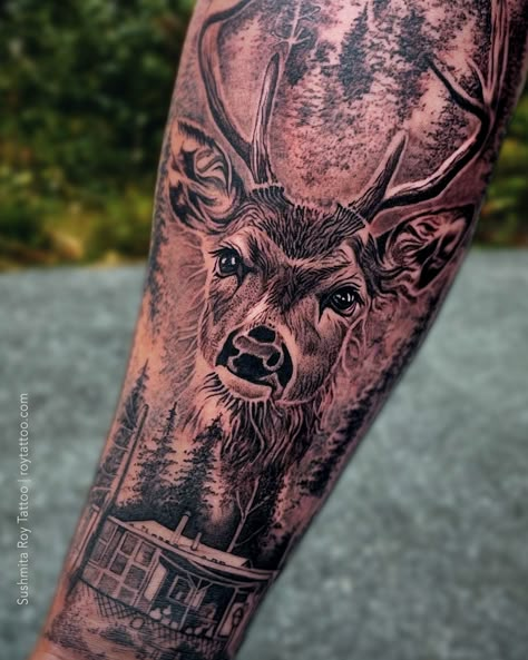 Had fun doing this custom Nature theme pine forest with a deer and my clients garnadfather’s cottage tattoo. Thank you Kyle 🤎 _ . . . . . . . . . . . . . . . Forest Theme Tattoo, Cottage Tattoo, Buck Tattoo, Forest Tattoo, Forest Tattoos, Theme Tattoo, 3d Tattoos, Forest Theme, Realism Tattoo