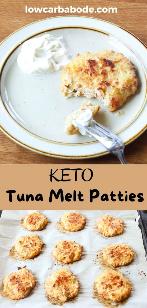 These Keto Tuna Melt Patties are a delicious and cheesy alternative to tuna melt sandwiches for anyone who is on a low-carb diet. Tuna Melt Patties, Keto Tuna Melt Patties, Tuna Carnivore Recipes, Tuna Melts In The Oven, Tuna Patty Melt, Keto Tuna Cakes, Keto Tuna Melt, Tuna Patties Healthy, Melt Sandwiches