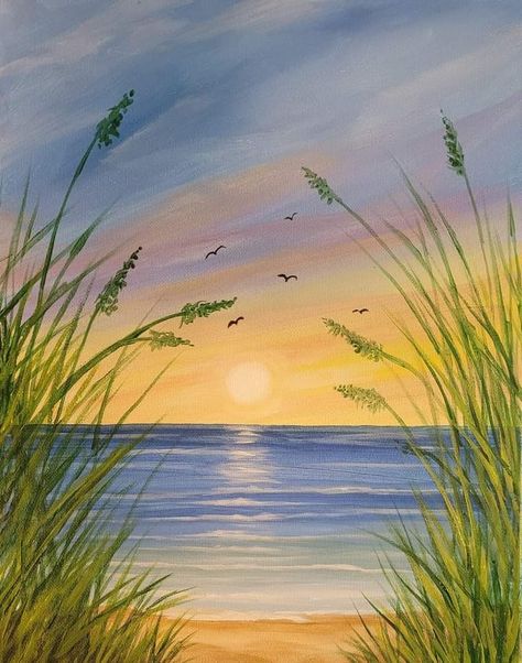 Beach Scene Painting, Beach Art Painting, Watercolor Art Landscape, Acrylic Painting Ideas, इंस्टाग्राम लोगो, Painting Ideas For Beginners, Watercolor Sunset, Canvas For Beginners, Summer Painting