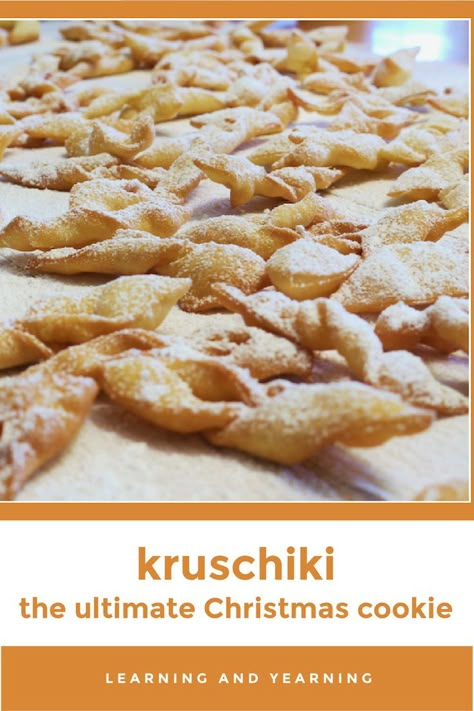 This Christmas spoil your family with Polish bow tie cookies - also known as Kruschiki or Chruschiki. This recipe is the traditional eastern European cookie recipe. #cookies #Christmas #homemade #recipe #Christmascookies Bow Tie Cookies, Polish Cookies, Lithuanian Recipes, Recipe Cookies, German Baking, Cookie Crisp, Christmas Homemade, Ukrainian Recipes, Cookies Christmas