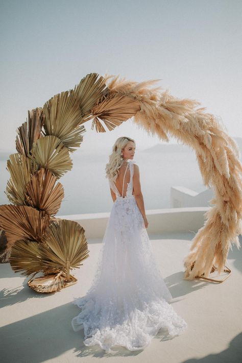 bride standing in front of dried botanical and pampas grass wedding arch Pampas Grass Wedding Arch, Pampas Grass Wedding, Intimate Destination Wedding, Wedding Ceremony Ideas, Cashew Chicken, Grass Wedding, Wedding Projects, Breakfast At Tiffany's, Santorini Wedding