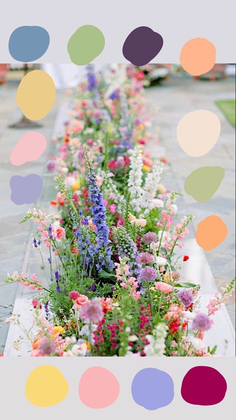 Wedding Colour Schemes Colourful, Multi Color Spring Wedding, Wildflower Colorful Wedding, Fun Wedding Palette, Backyard Colorful Wedding, Bright Colour Palette Wedding, Garden Theme Color Palette, Midsommar Color Palette, Garden Party Colour Palette