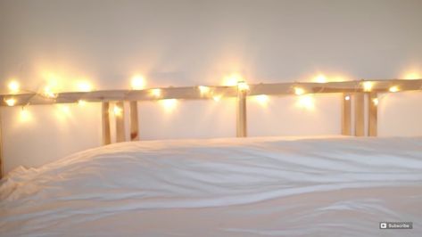 Fairy Lights Around Bed Headboard with Hotel White Bedding Fairy Lights On Headboard, Fairy Lights Around Bed, Lights On Bed Frame, Fairy Lights Bed, Future Bedroom Ideas, Bed Boards, Uni Room